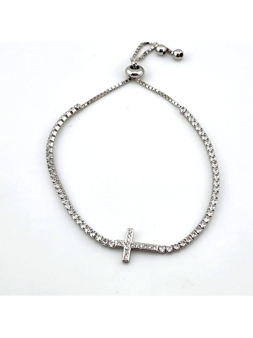 Elegant Silver Cross Adjastable Bracelet Stamped 925 Cubic Zirconia Stones